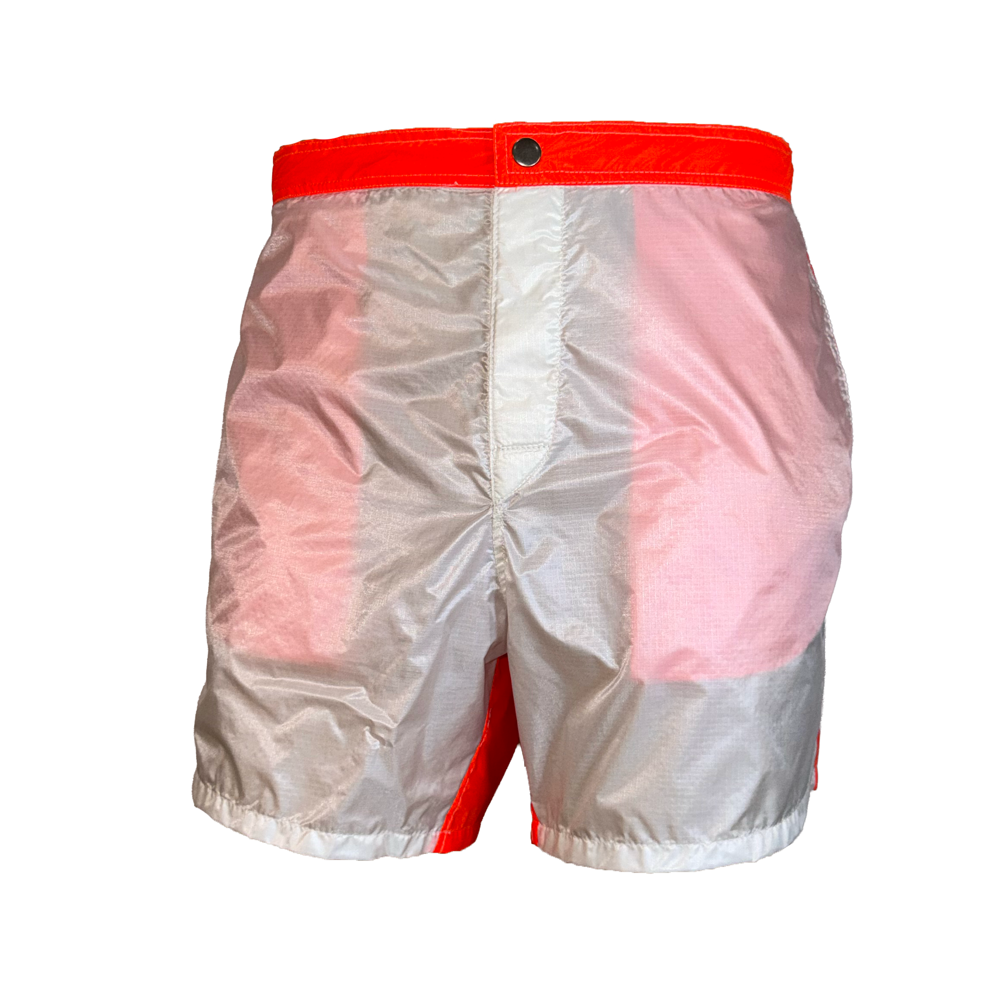 A pair of metallic silver boxer briefs with a bright red waistband and red side panels, shown against a plain white background.