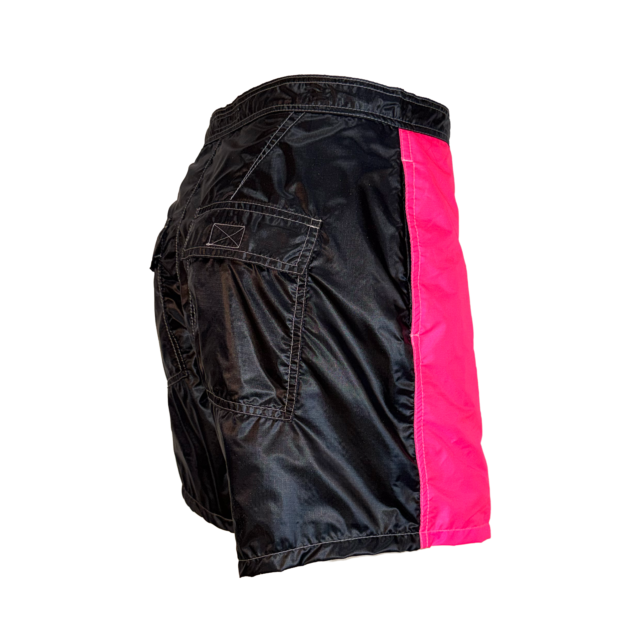 Black athletic shorts with a vibrant pink side panel, shown from a three-quarters back view on a white background.