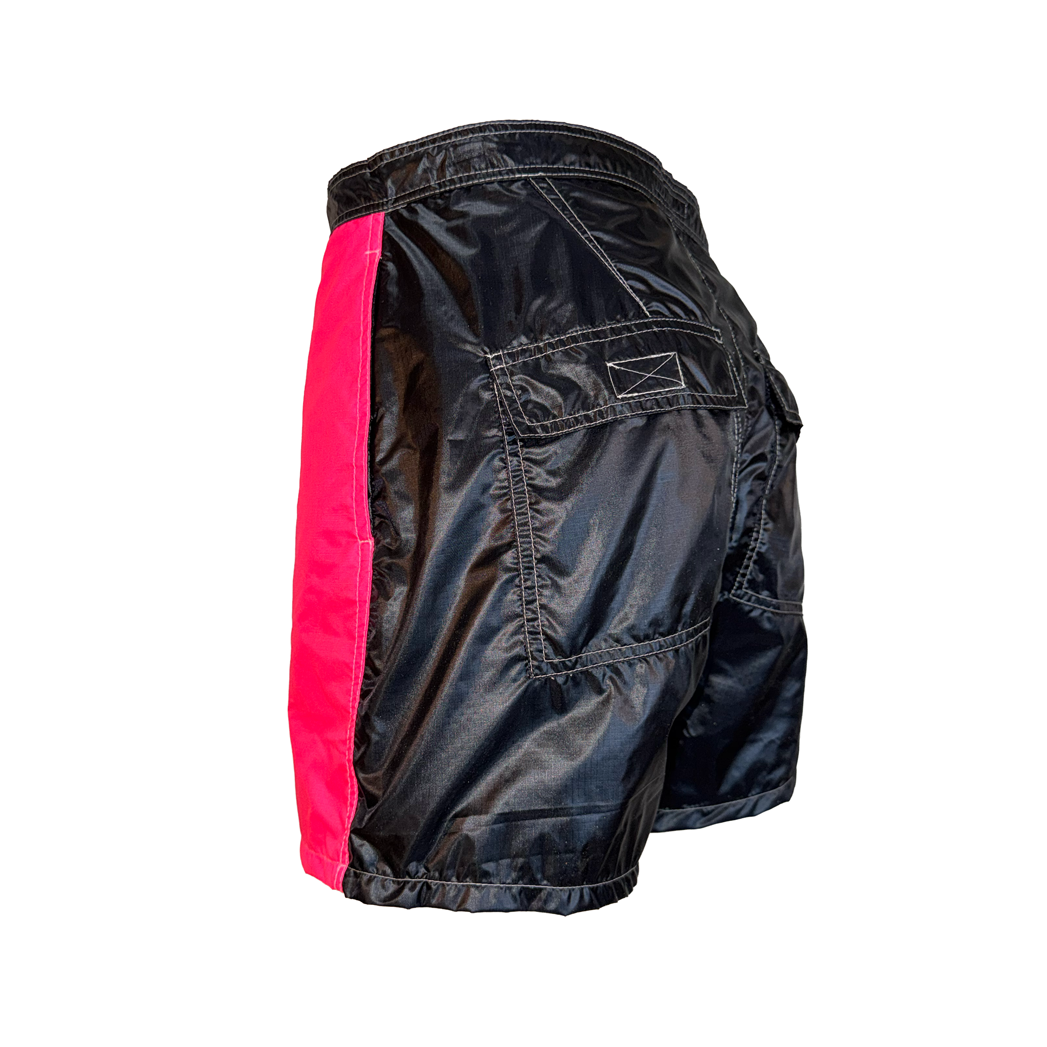 Black athletic shorts with a vibrant pink side stripe, shown from a three-quarters back view on a white background.