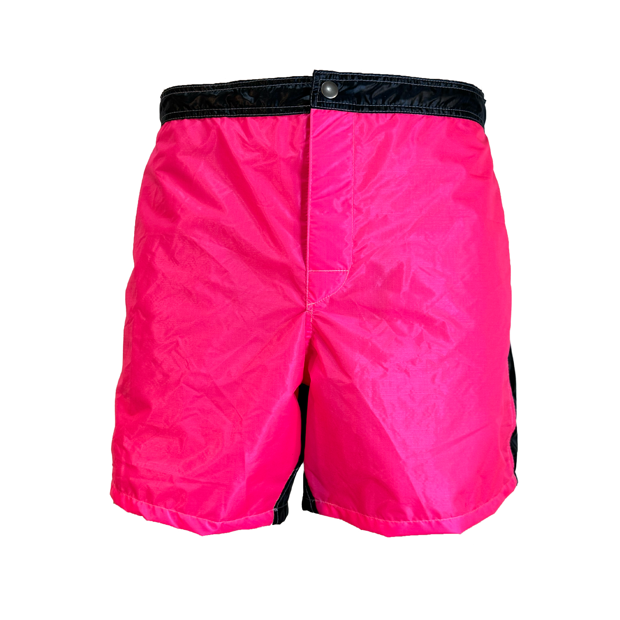 Bright pink athletic shorts with a black waistband and black side trim, shown flat against a white background.