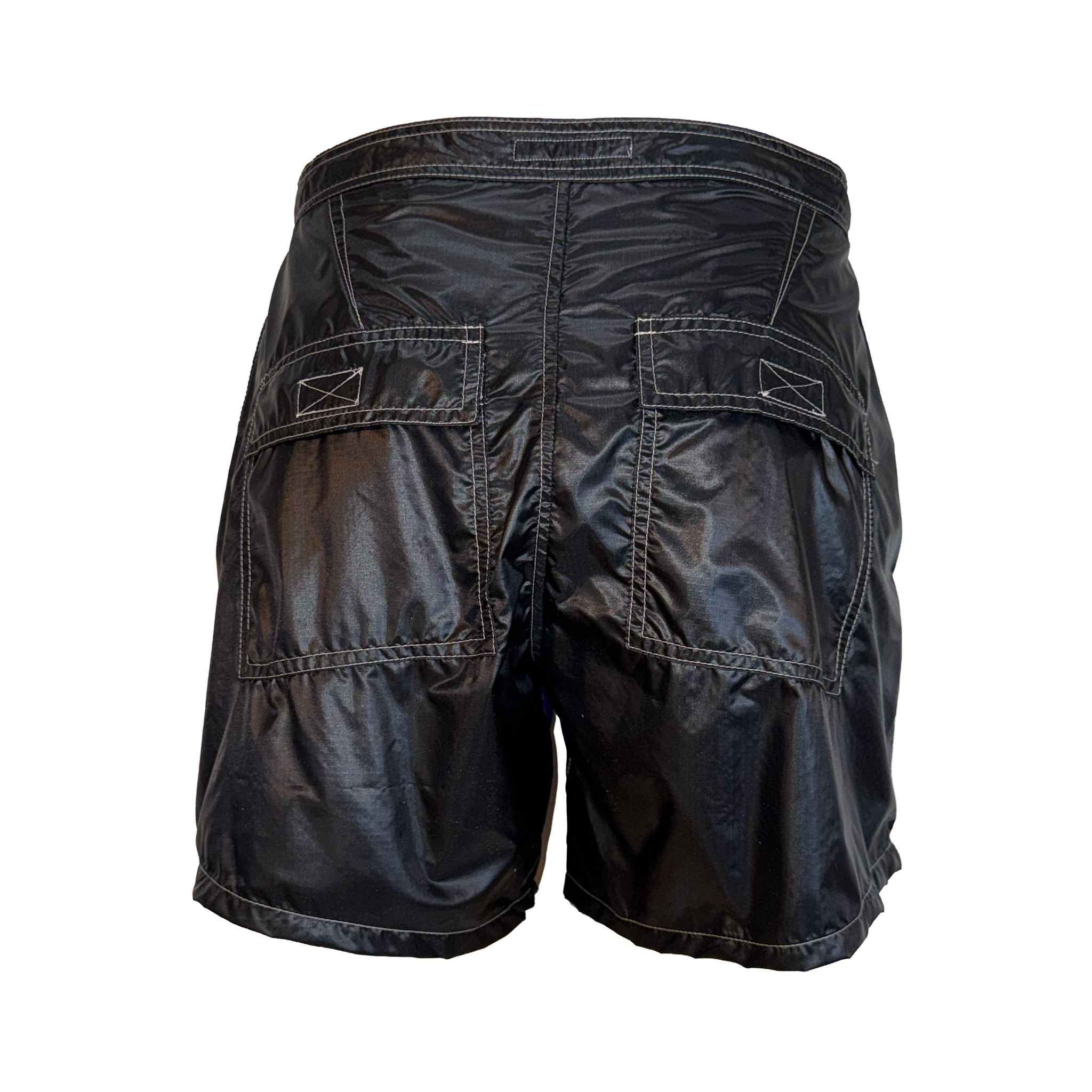 Black nylon cargo shorts with a glossy finish, featuring two large back cargo pockets with decorative stitching and metal grommets, shown from the back on a white background.