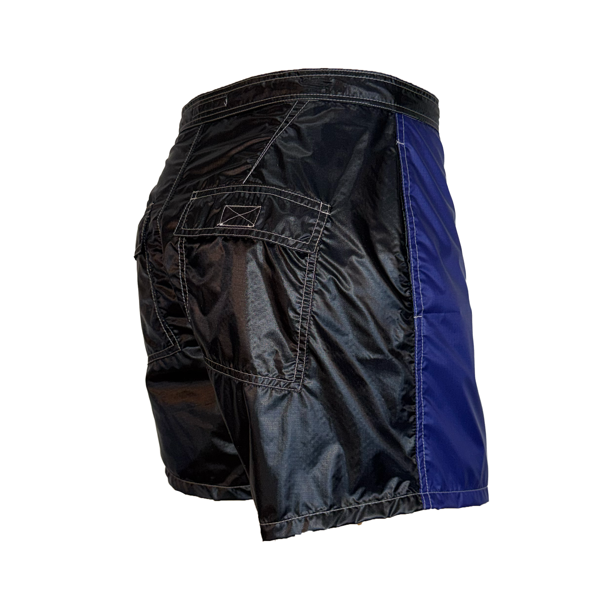 Black and blue athletic shorts with a glossy, high-shine finish, shown from a rear three-quarter angle on a white background.