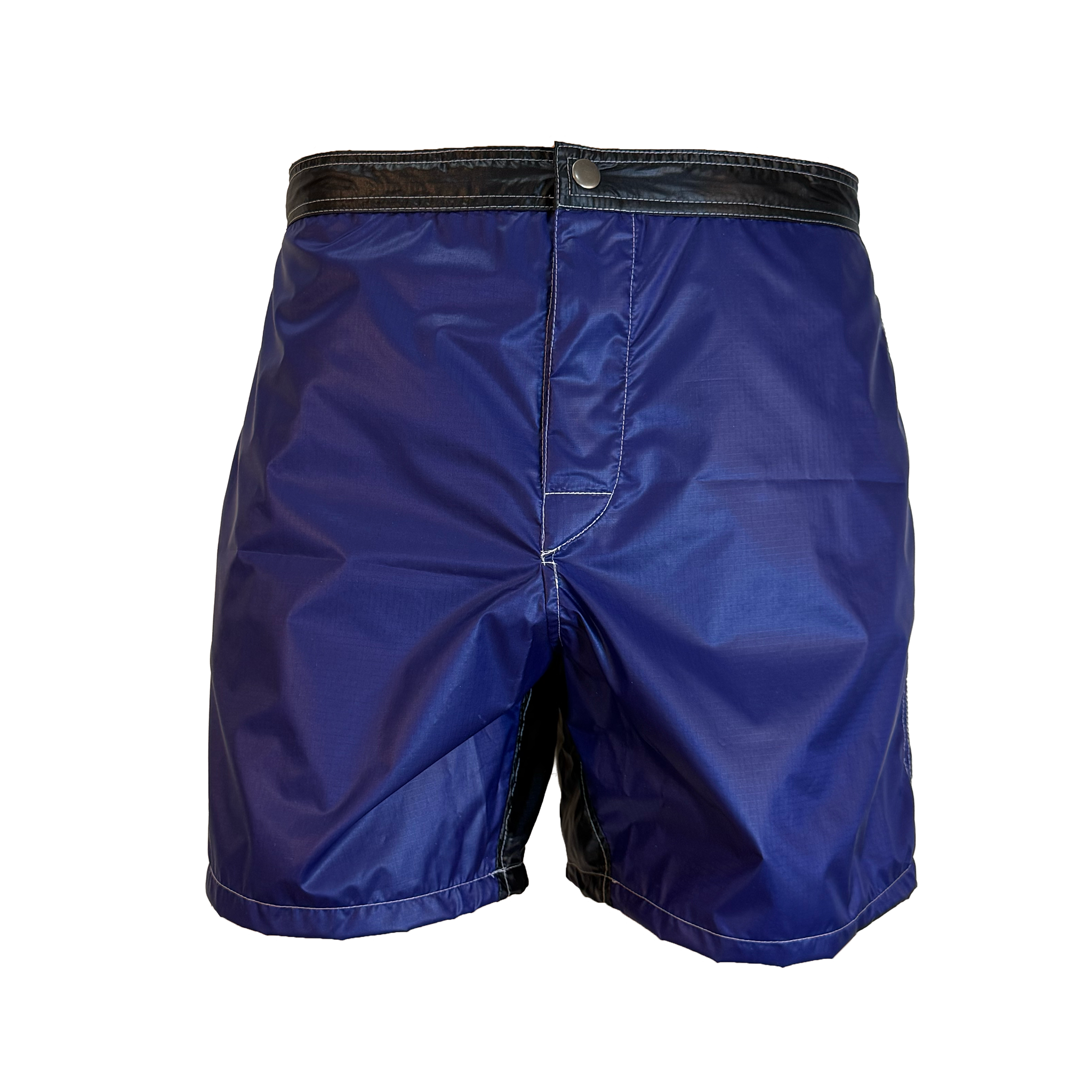 Blue athletic shorts with a black waistband and black side panel details, shown against a plain white background.