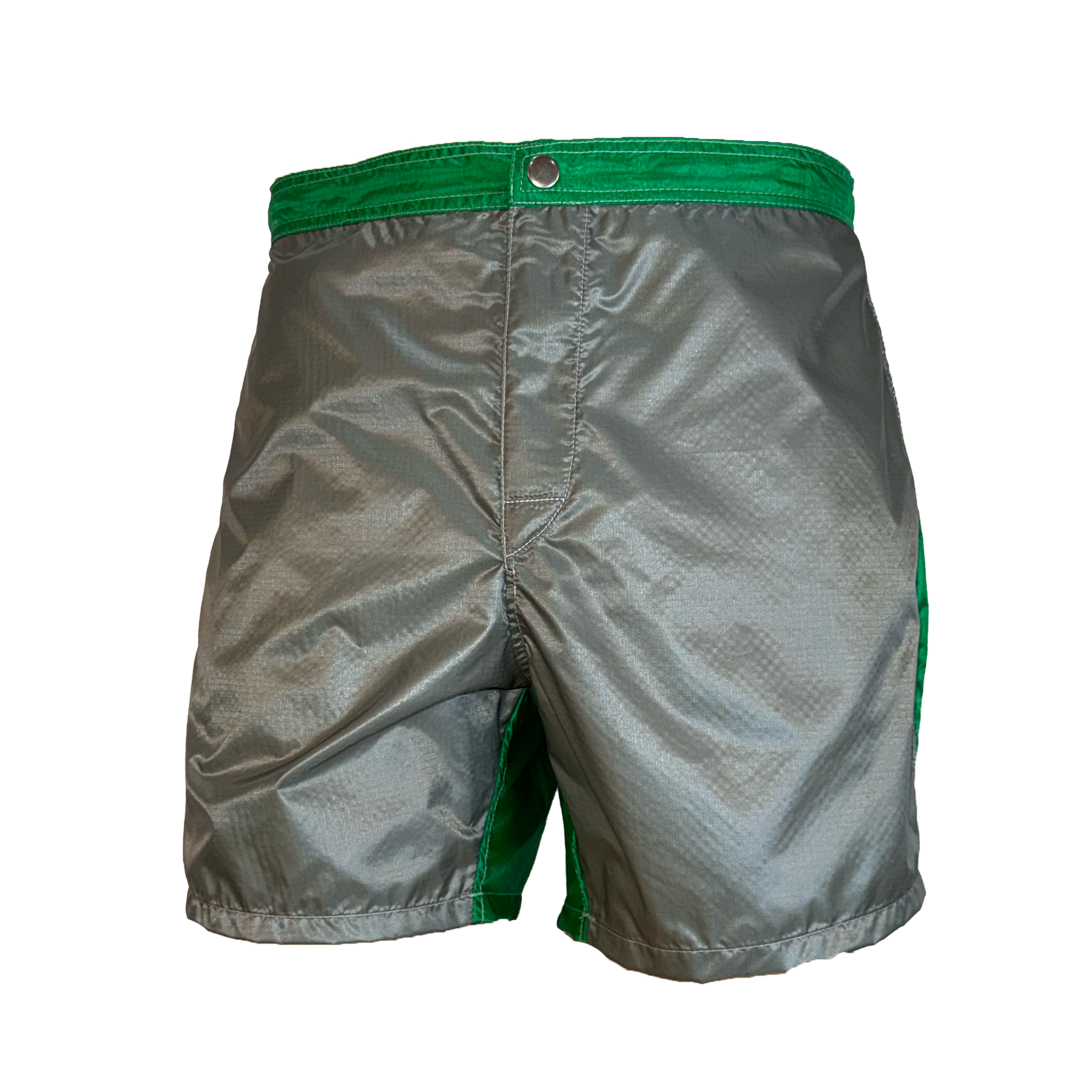 Gray athletic shorts with a bright green waistband and green side piping, shown from the back on a white background.