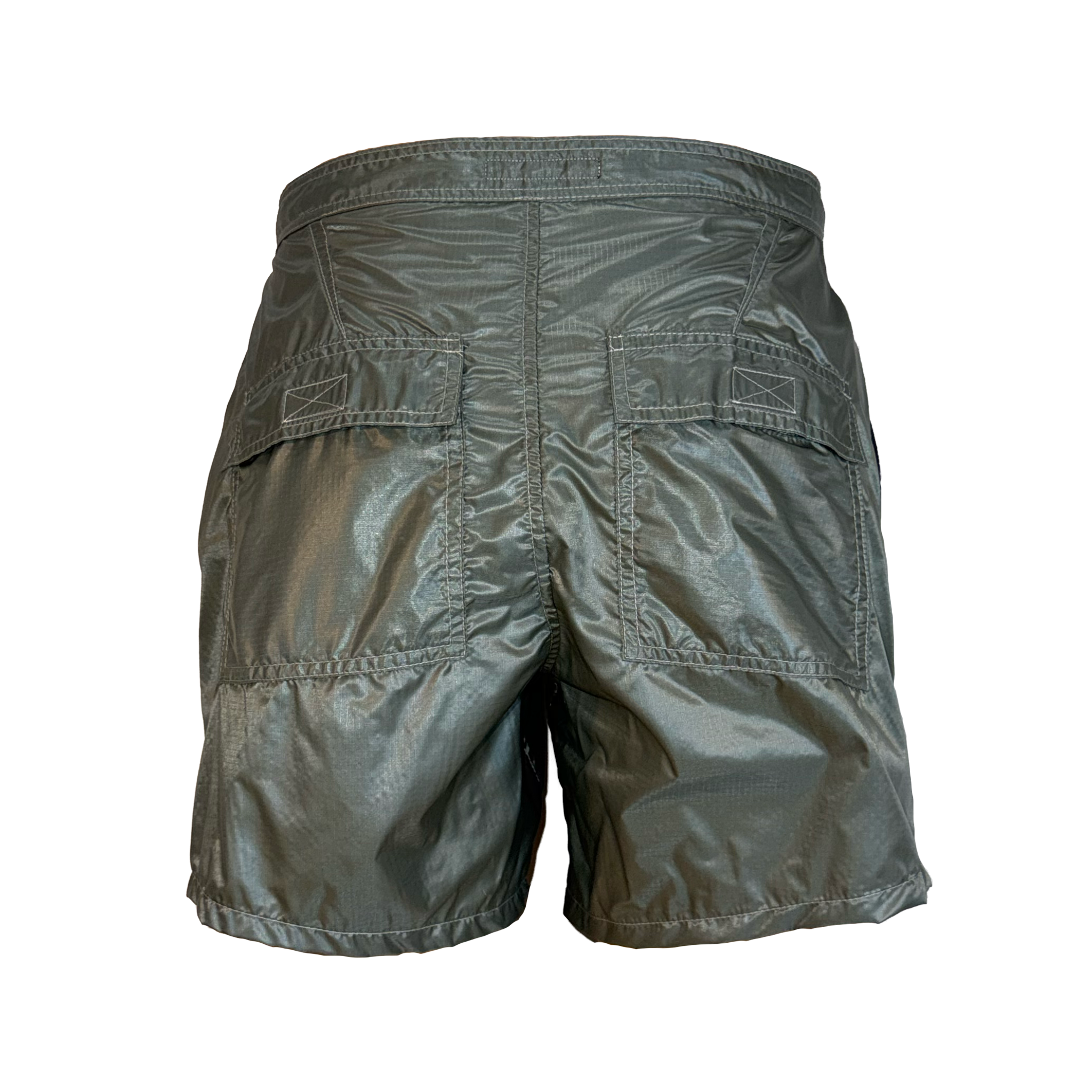 A pair of metallic olive green cargo shorts shown from the back, featuring a high waistband, two large utility pockets, and a crinkled, reflective finish, set against a plain white background.