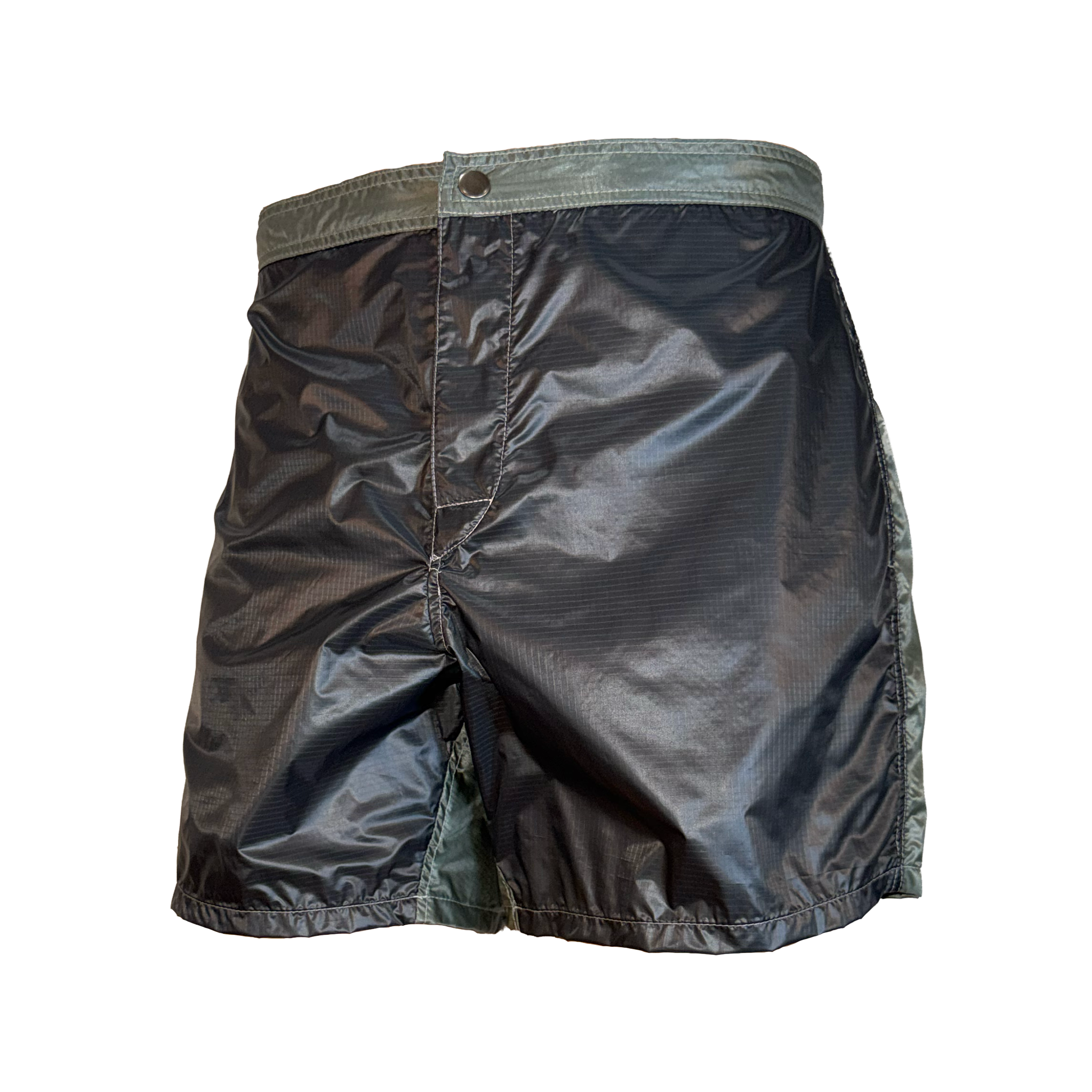 A pair of lightweight, shiny dark gray athletic shorts with a muted green waistband and side panels, shown against a plain white background.