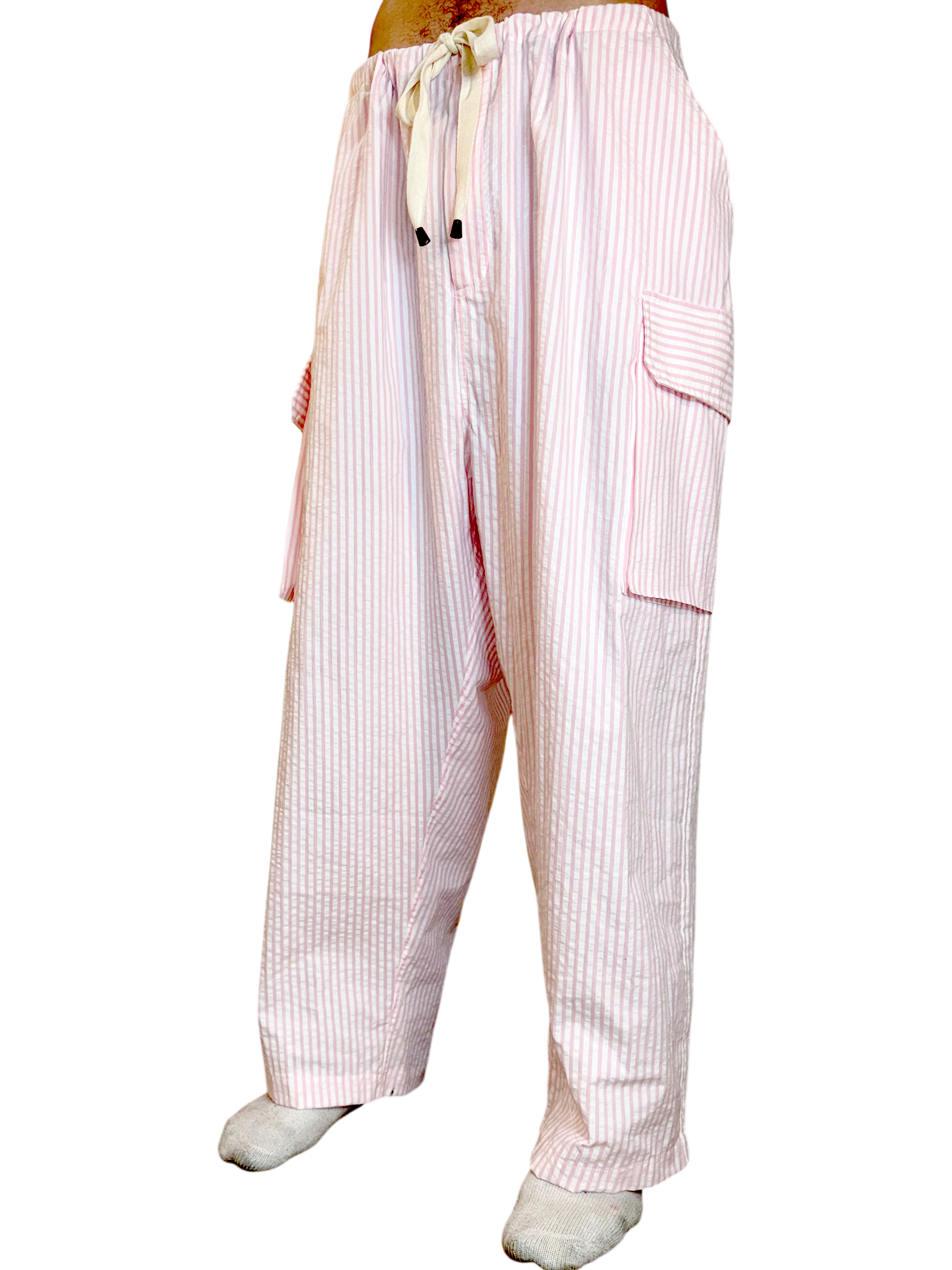 Pink striped pants with a drawstring on a white background.