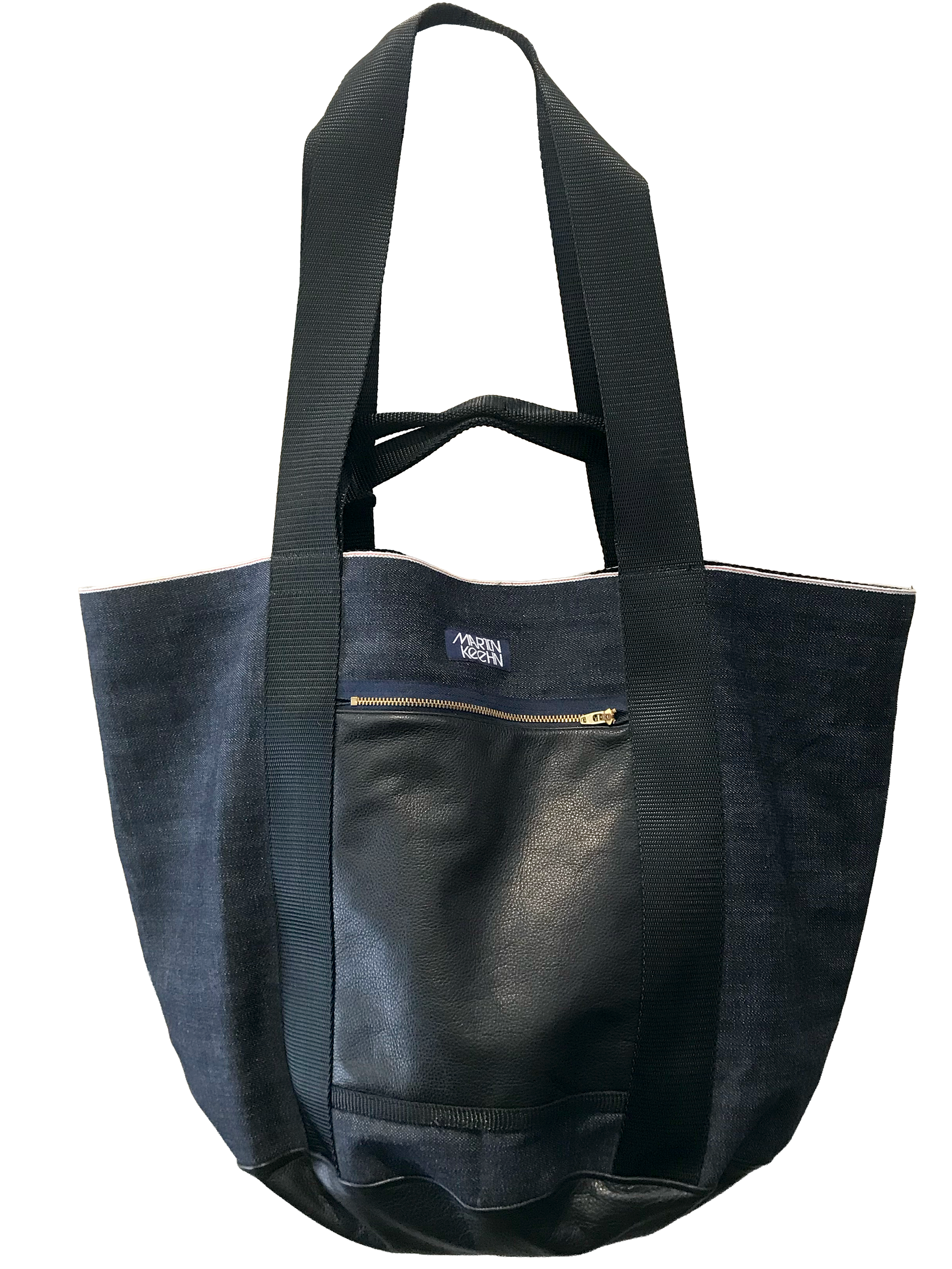 Black tote bag with a visible brand logo on a white background.
