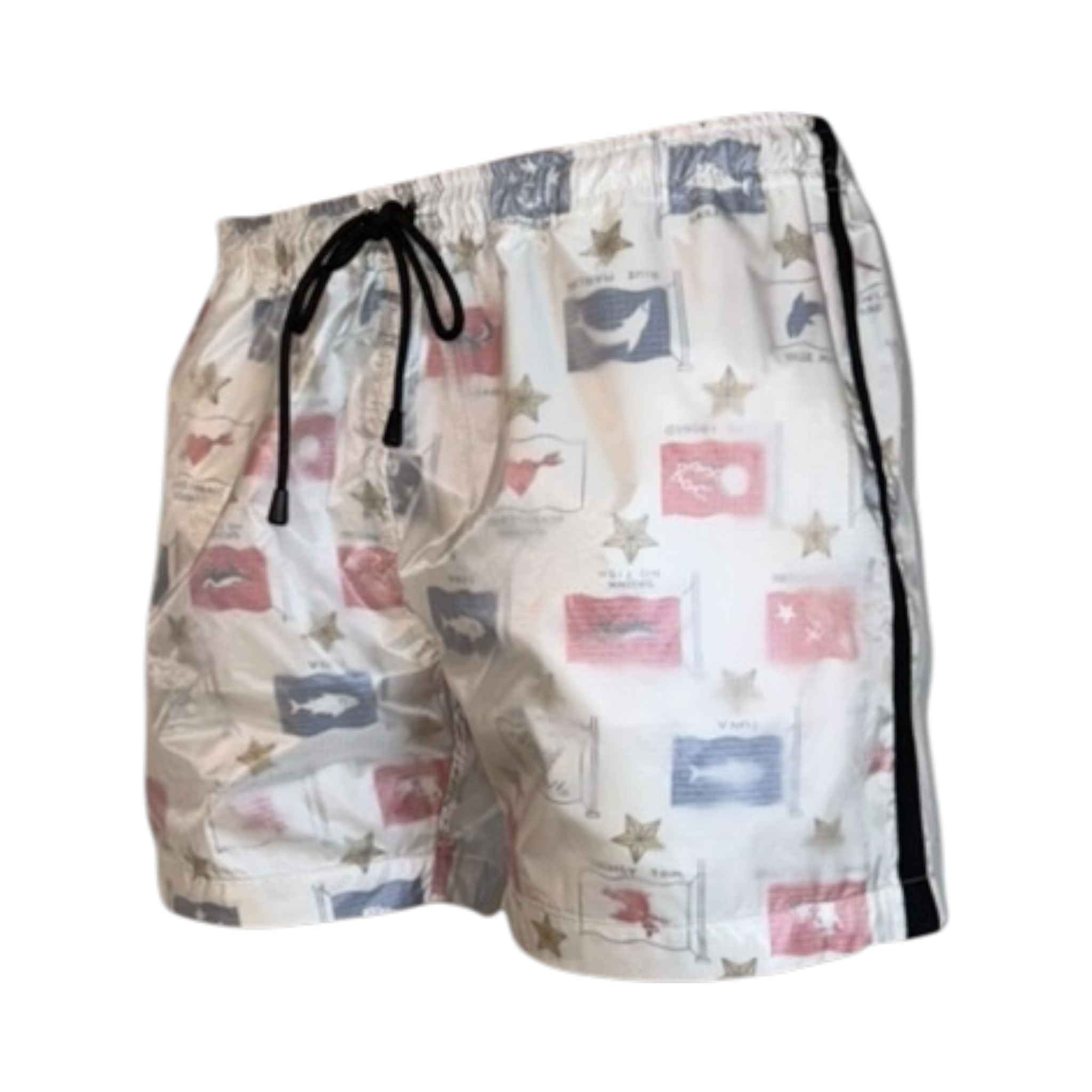 Beige swim shorts with colorful pattern on a white background