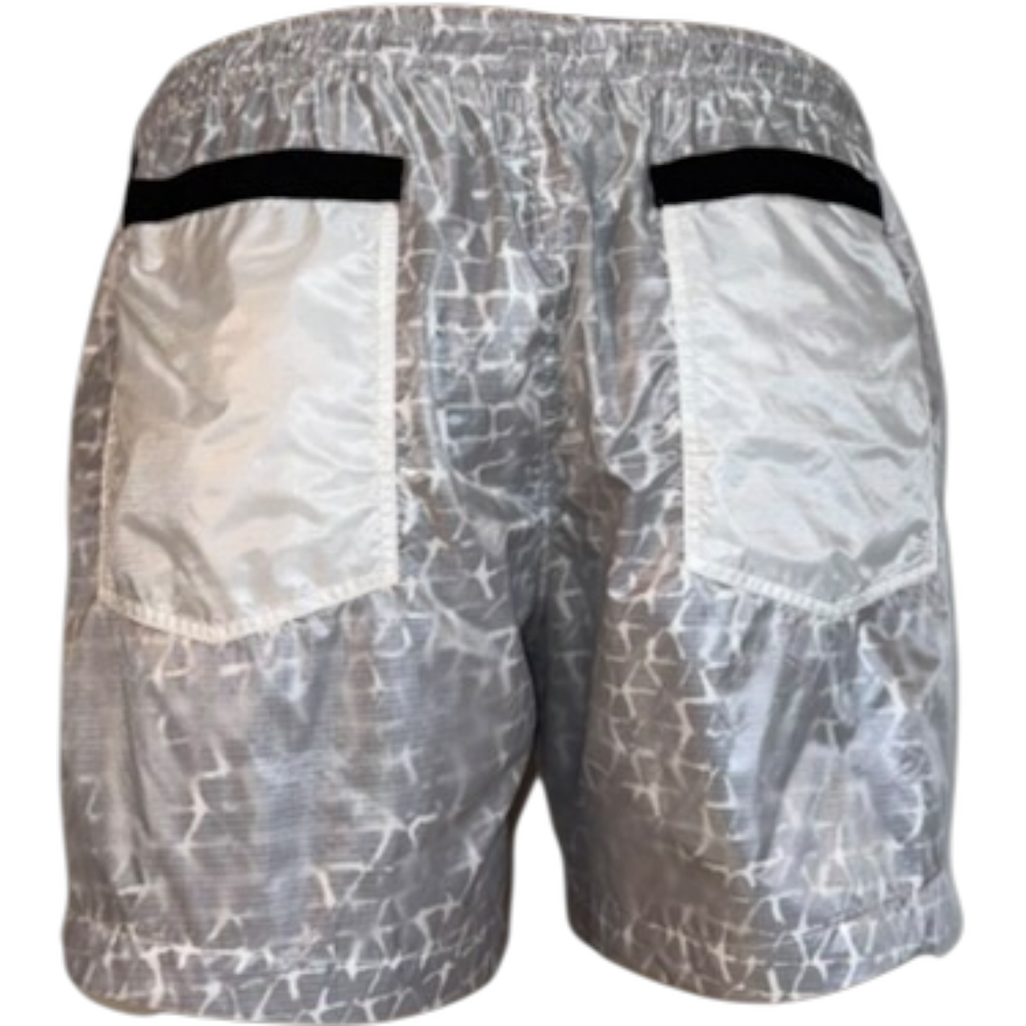 Back view of patterned shorts on a white background