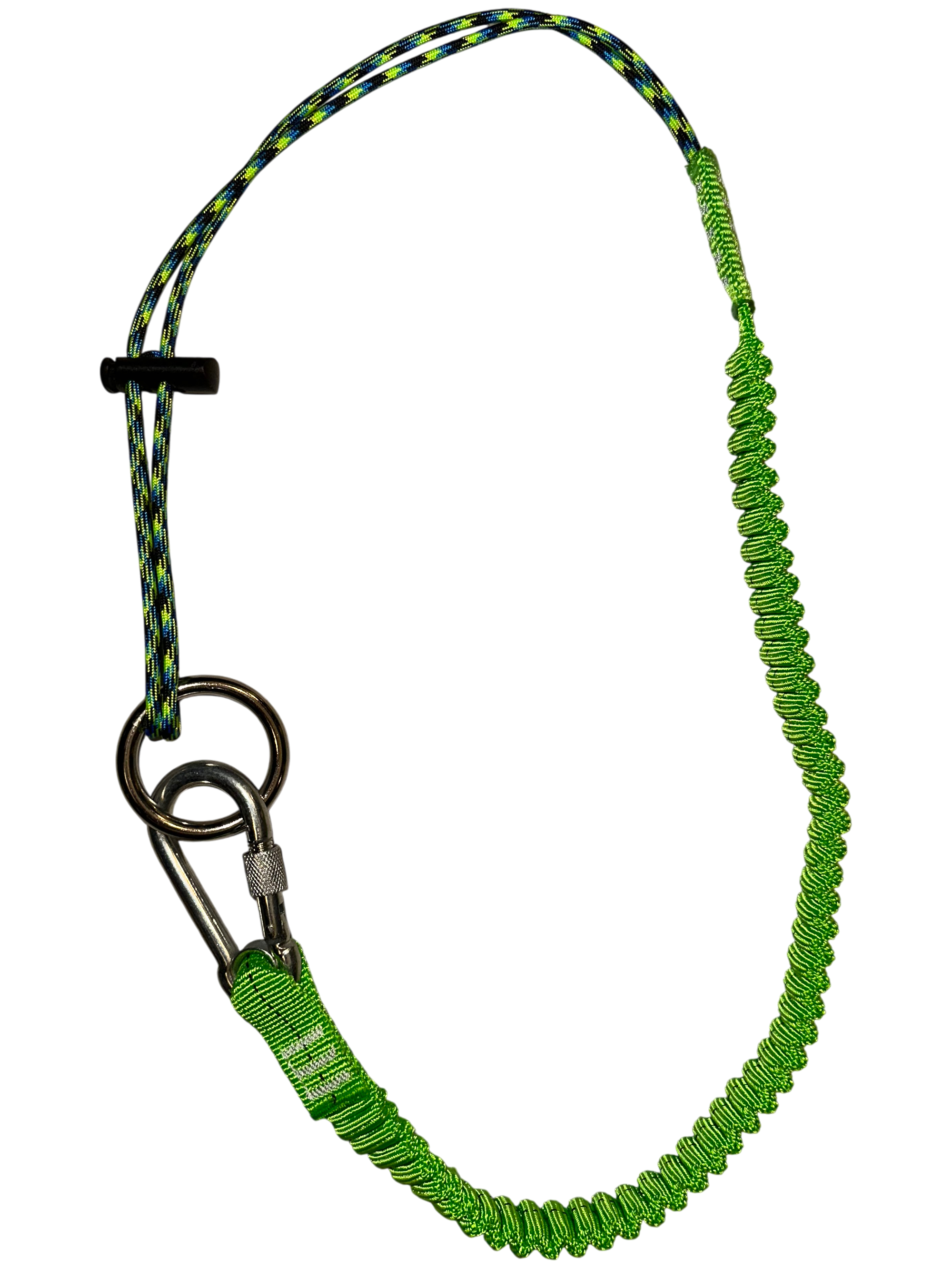Green rope with metal clip on a white background.