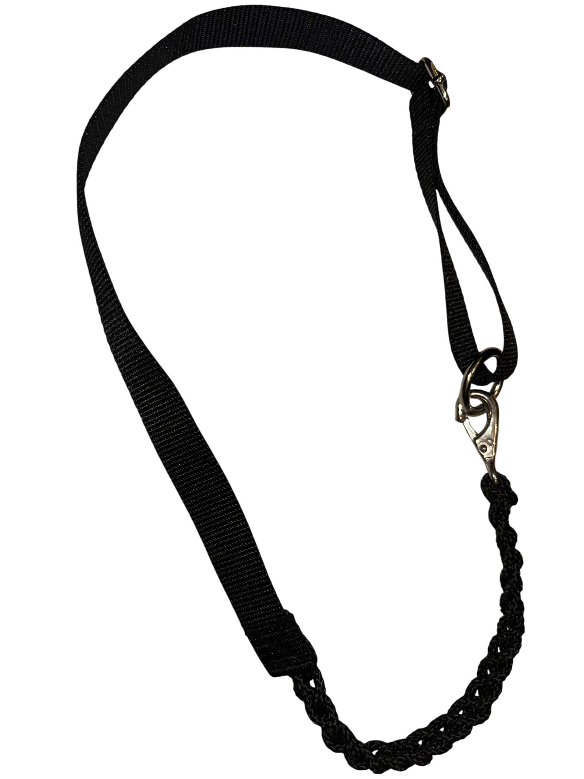 Black belt with a metal clip on a white background