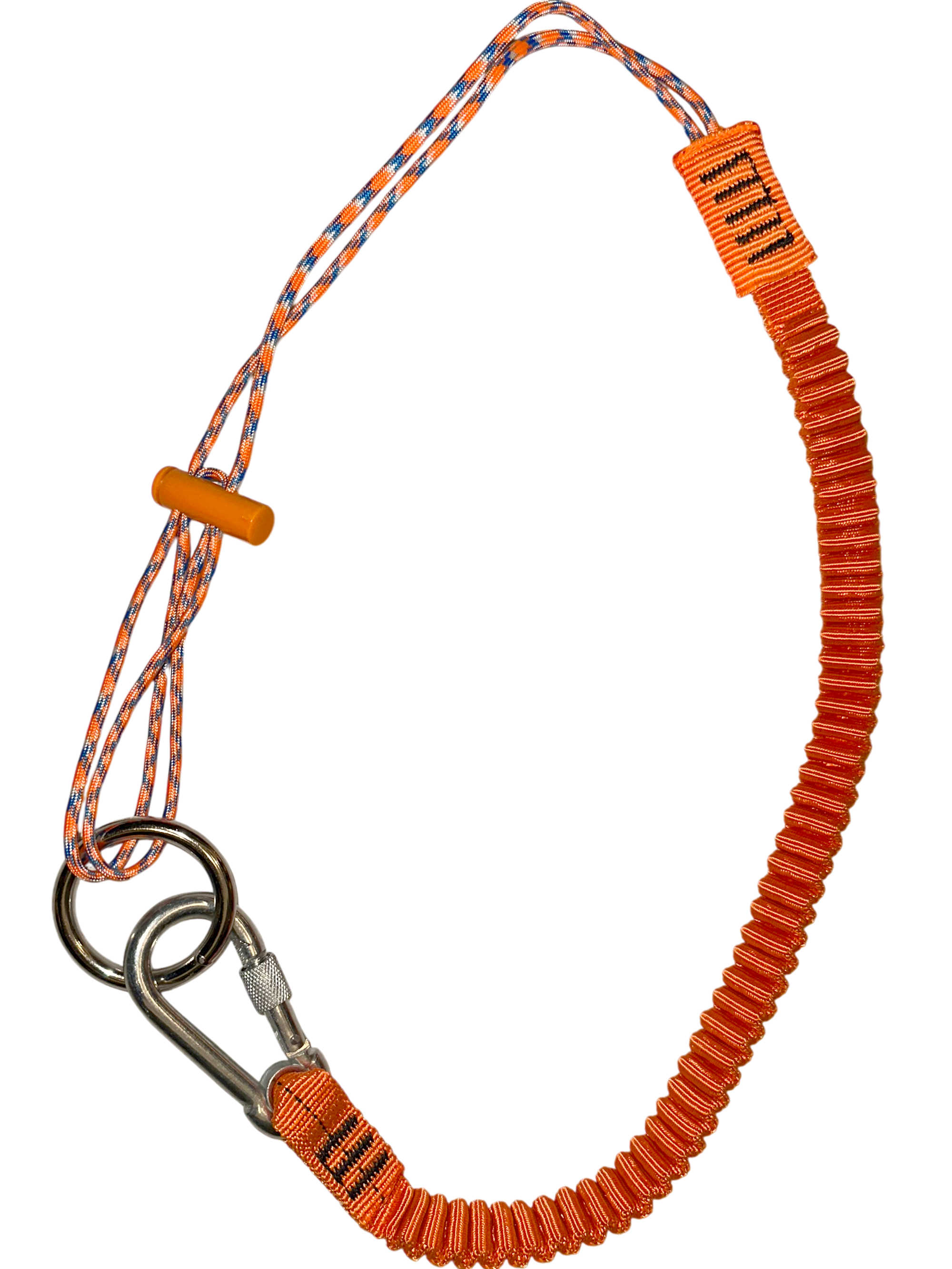 Orange safety belt with carabiner on a white background
